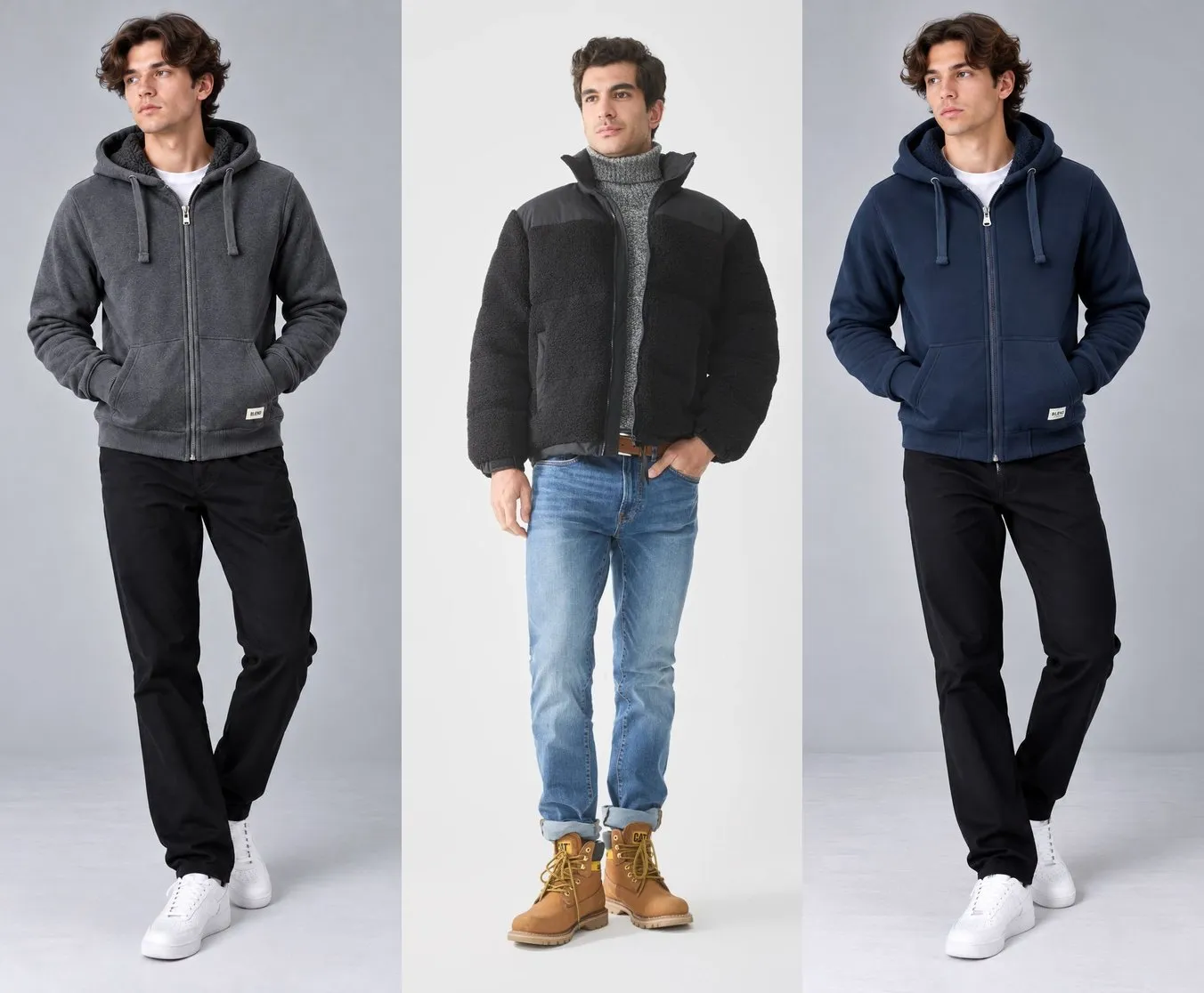 CITYBILLA menswear — fur-lined zip hoodies and a colour block winter jacket