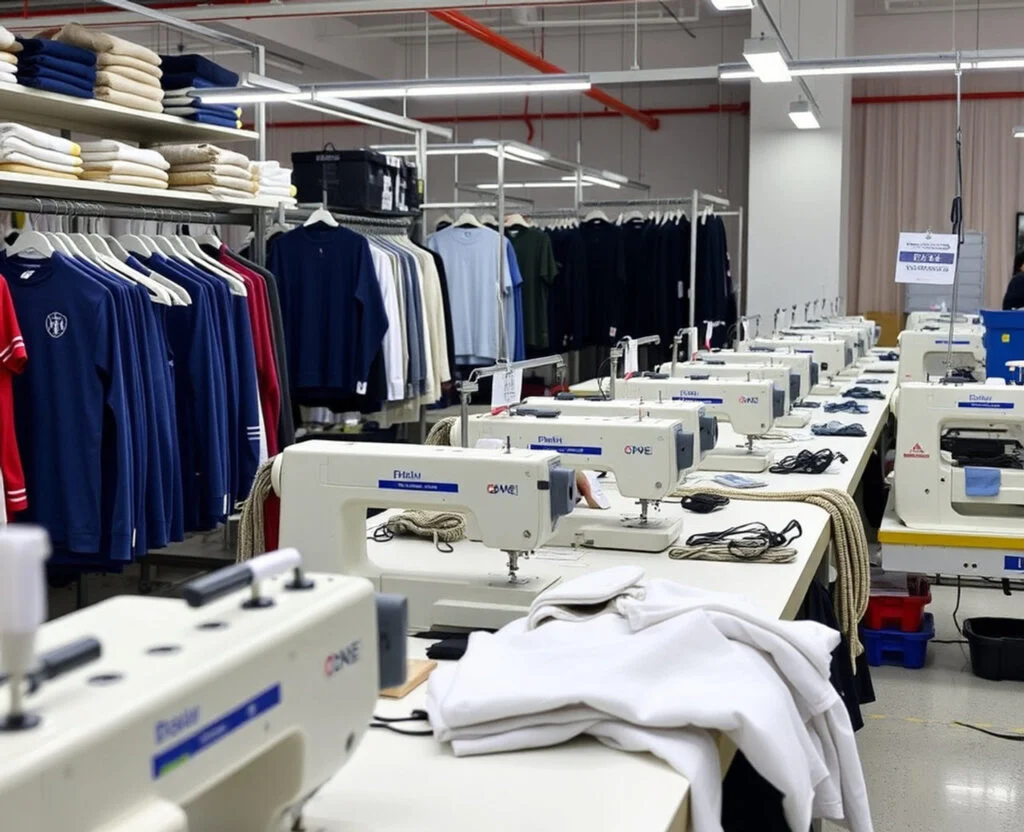 Industrial sewing machines and racks of team garments in production
